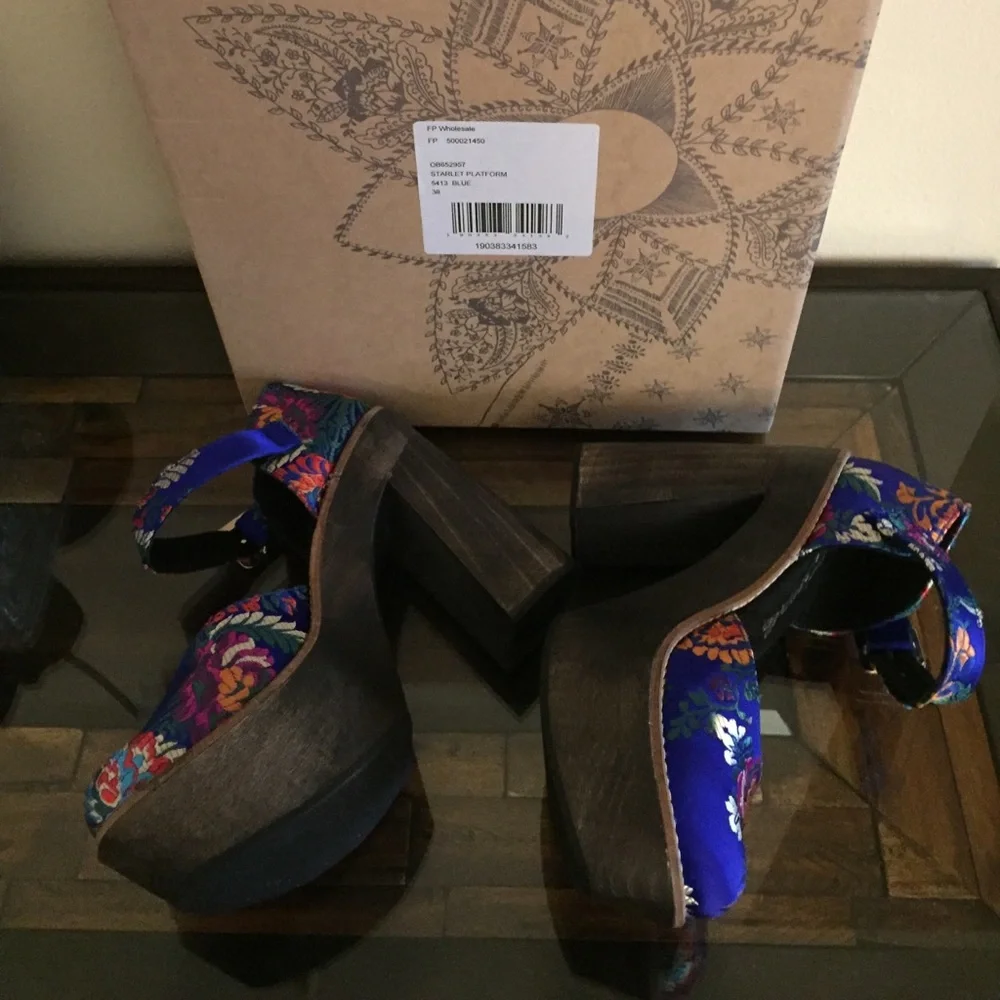 Free People Blue Floral Platform Sandals